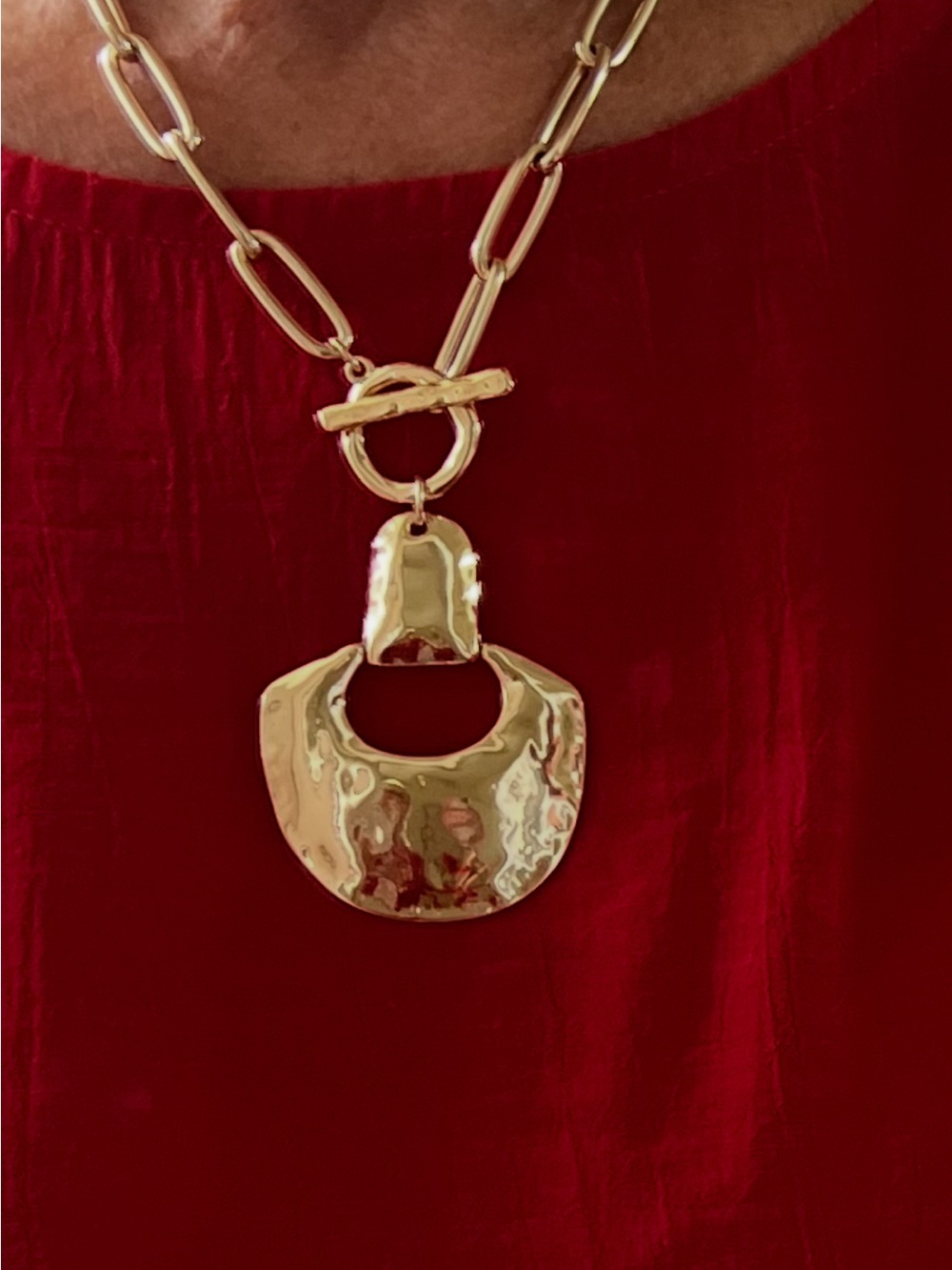 Chico's Gold Hammered Statement Pendant Necklace